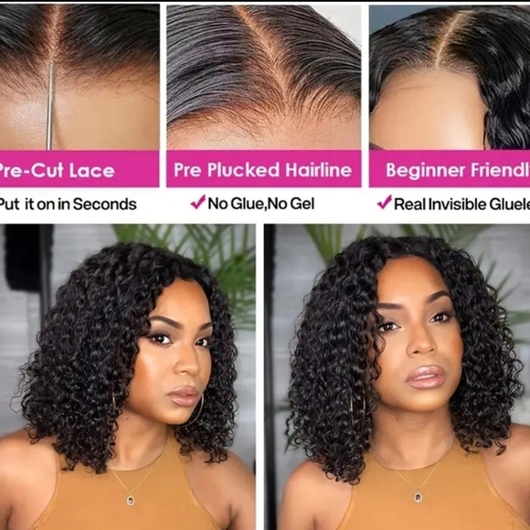 NWOT Bob Human Hair Lace Front Wig - Glueless, Pre-Plucked, Deep Curly, Natural - Picture 1 of 1